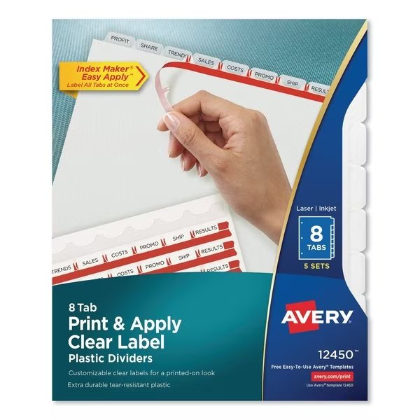 Plastic Dividers, 8-Tab, Letter, 5 Sets, PK5, AVERY DENNISON, Mfr# 12450